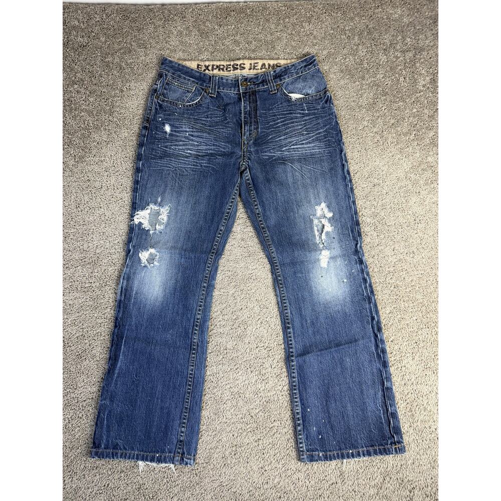 Express Jeans Mens 36x30 Blue Kingston Relaxed Straight Distressed Logo